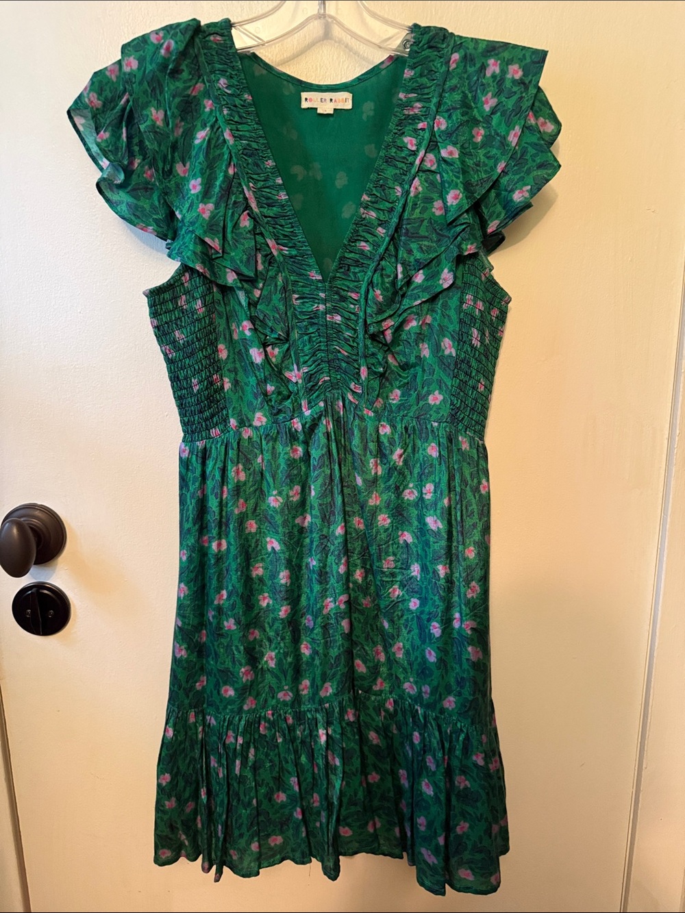 Roller Rabbit Green Floral Ruffle V-Neck Dress